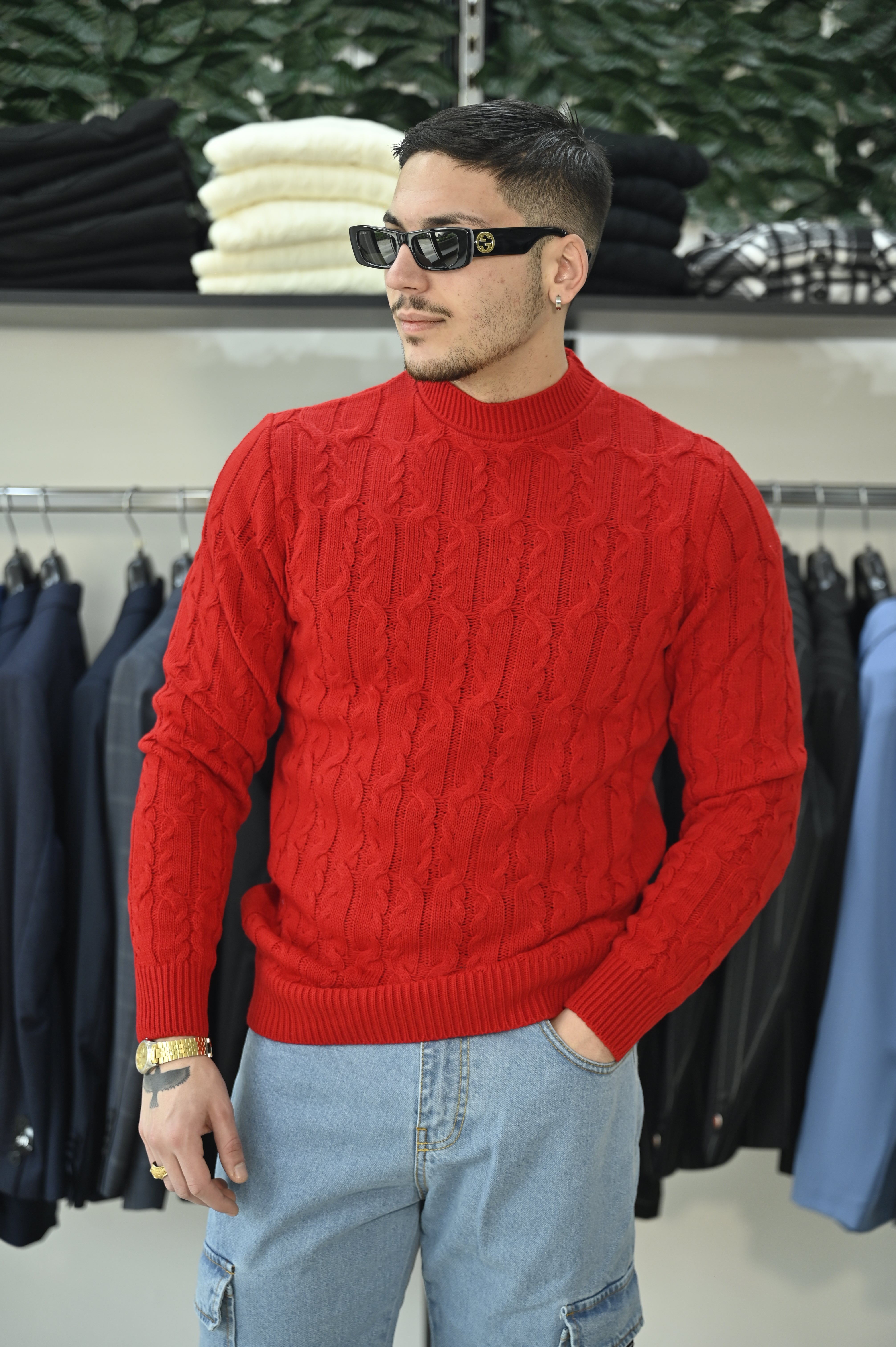 Maglione treccia rosso