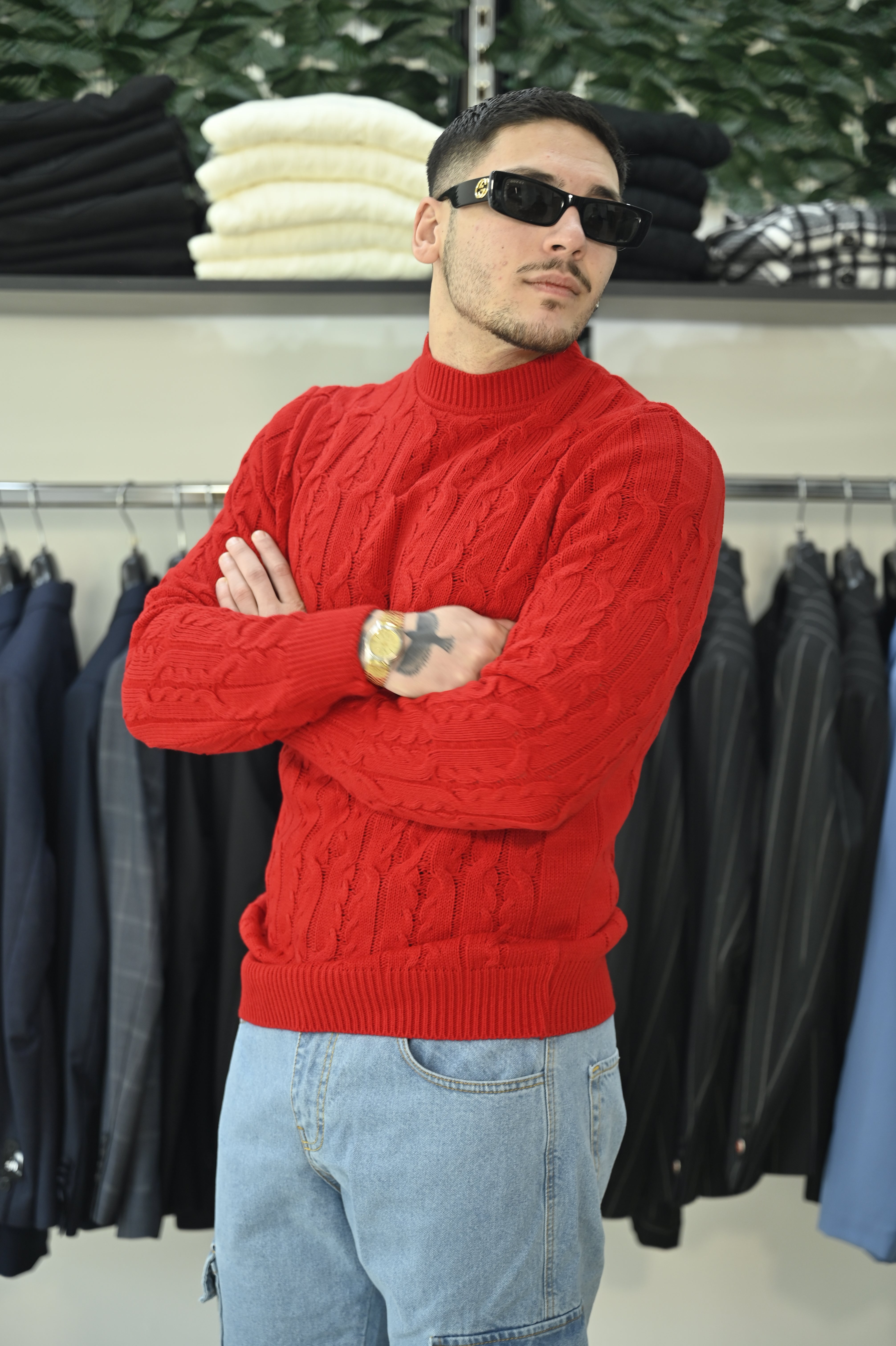 Maglione treccia rosso