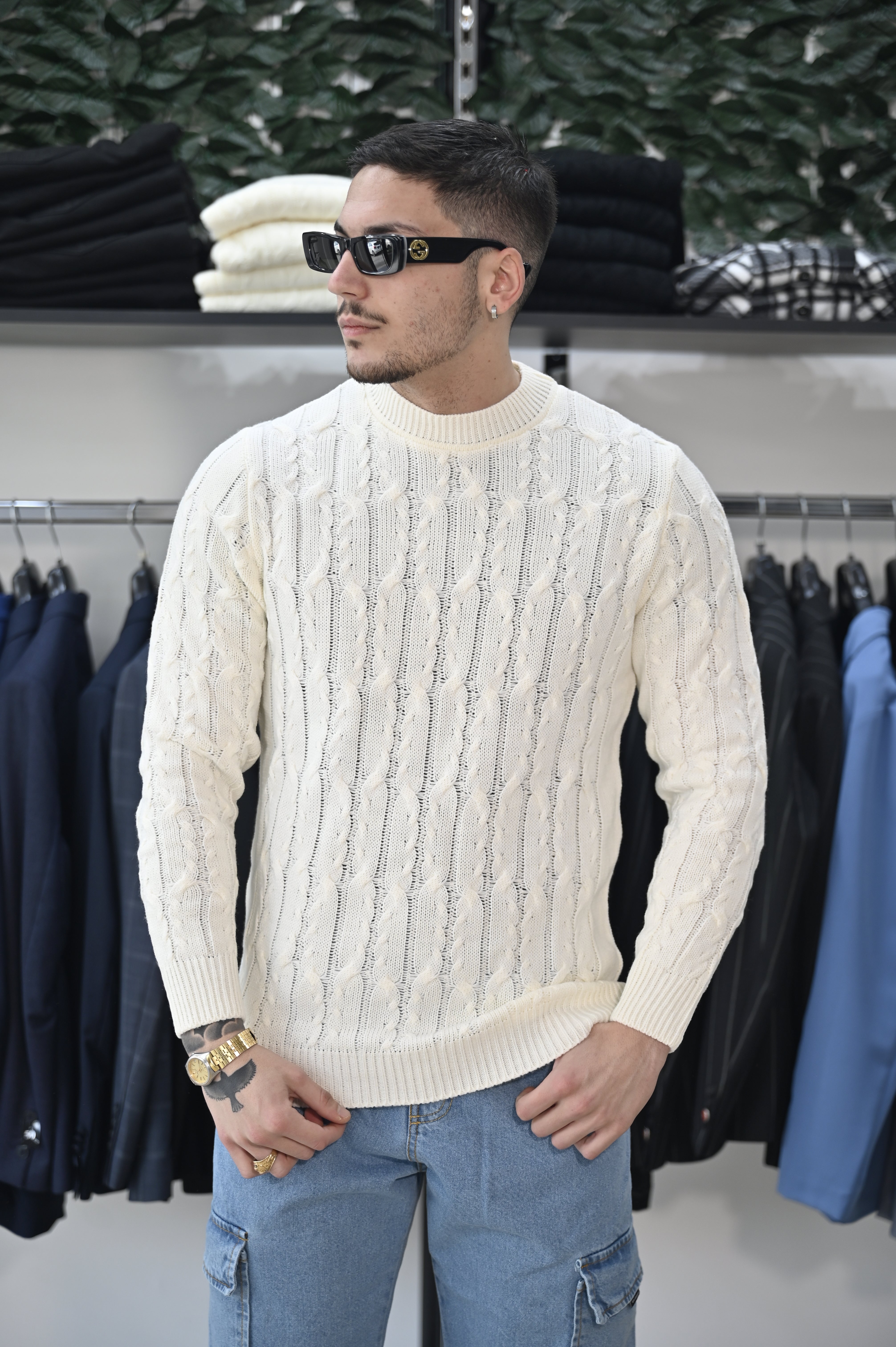 Maglione treccia panna