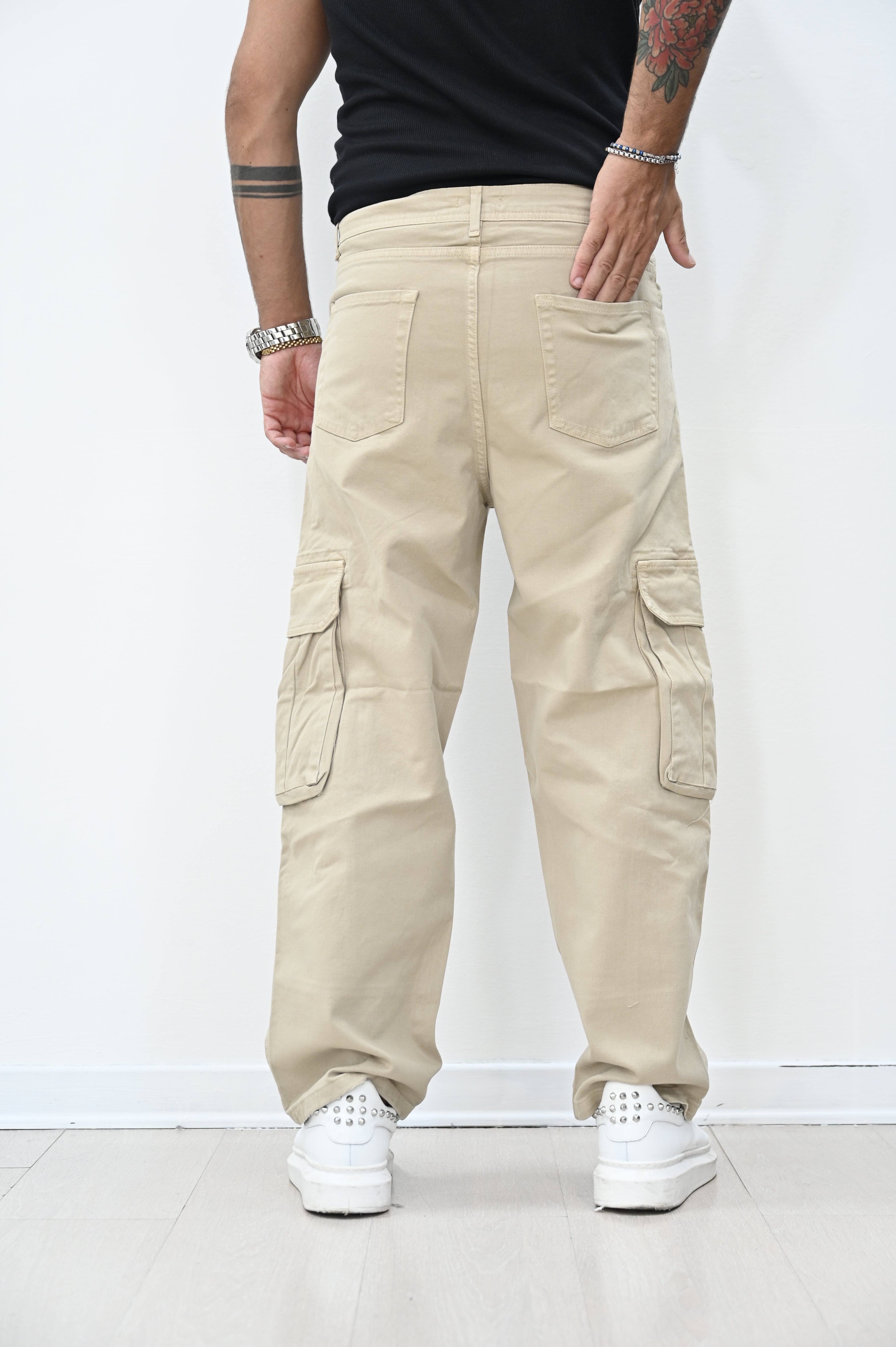 Jeans loose tasconato beige