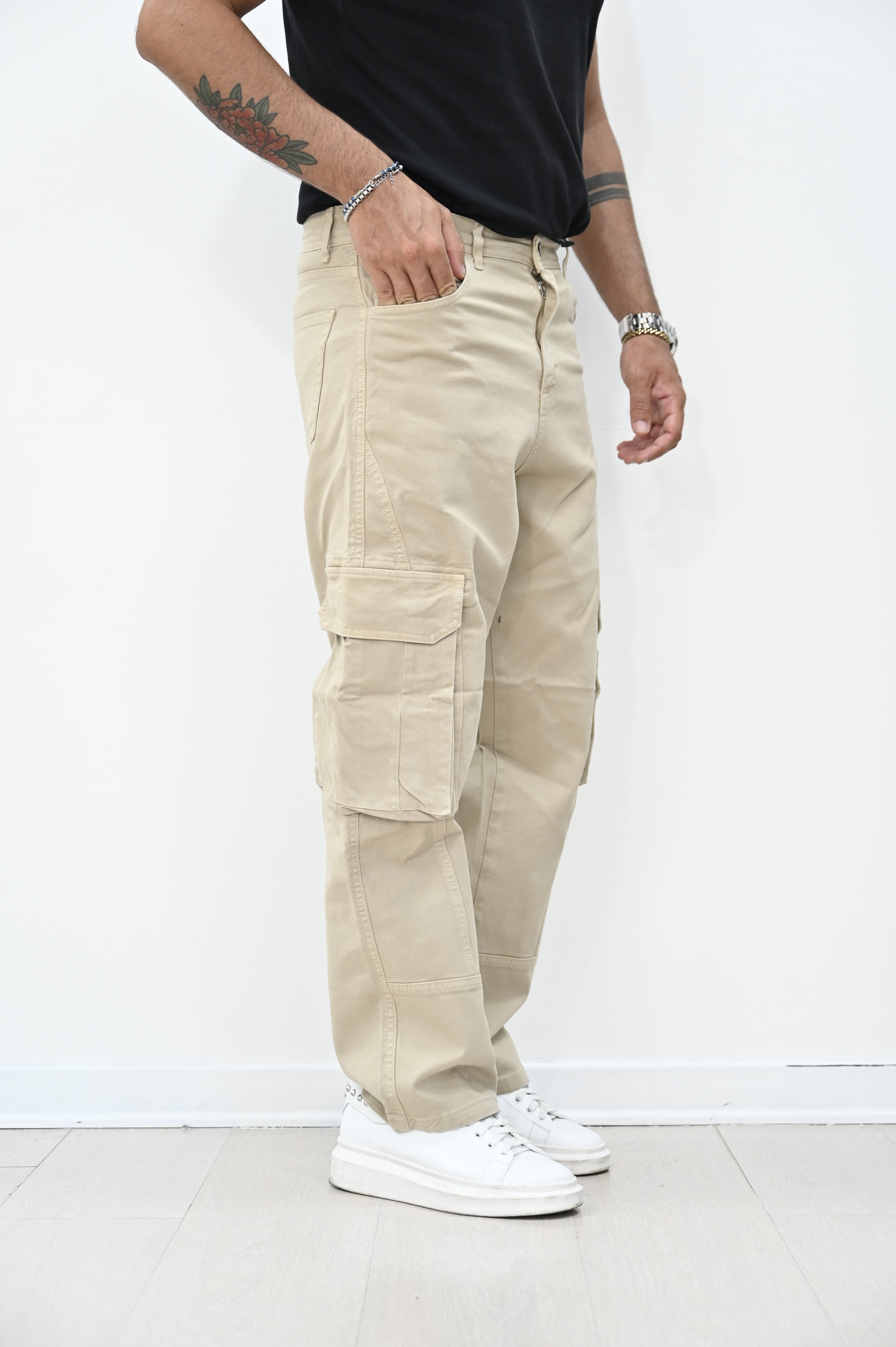 Jeans loose tasconato beige