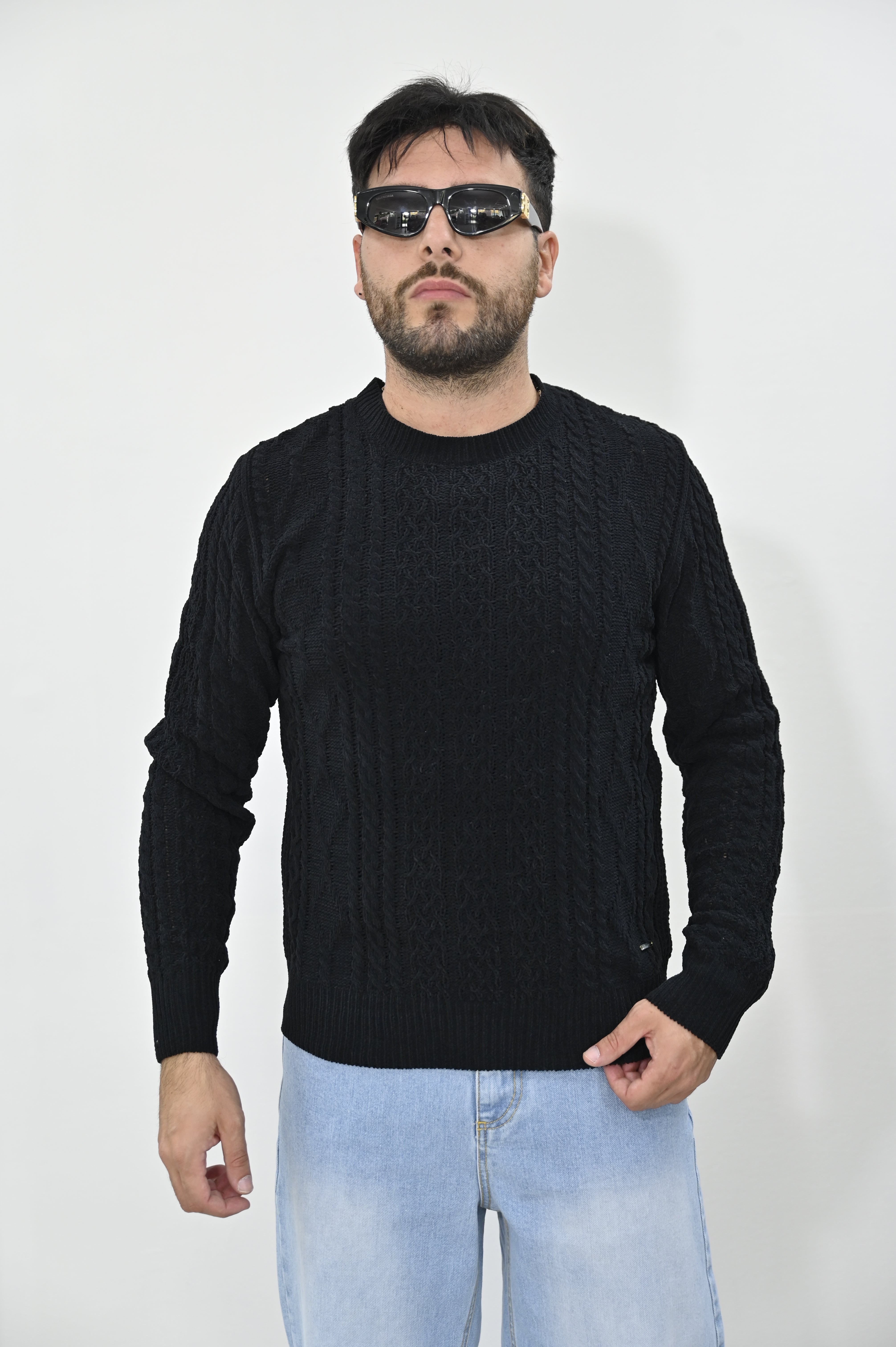 Maglione Gianni Lupo trecce ciniglia nero