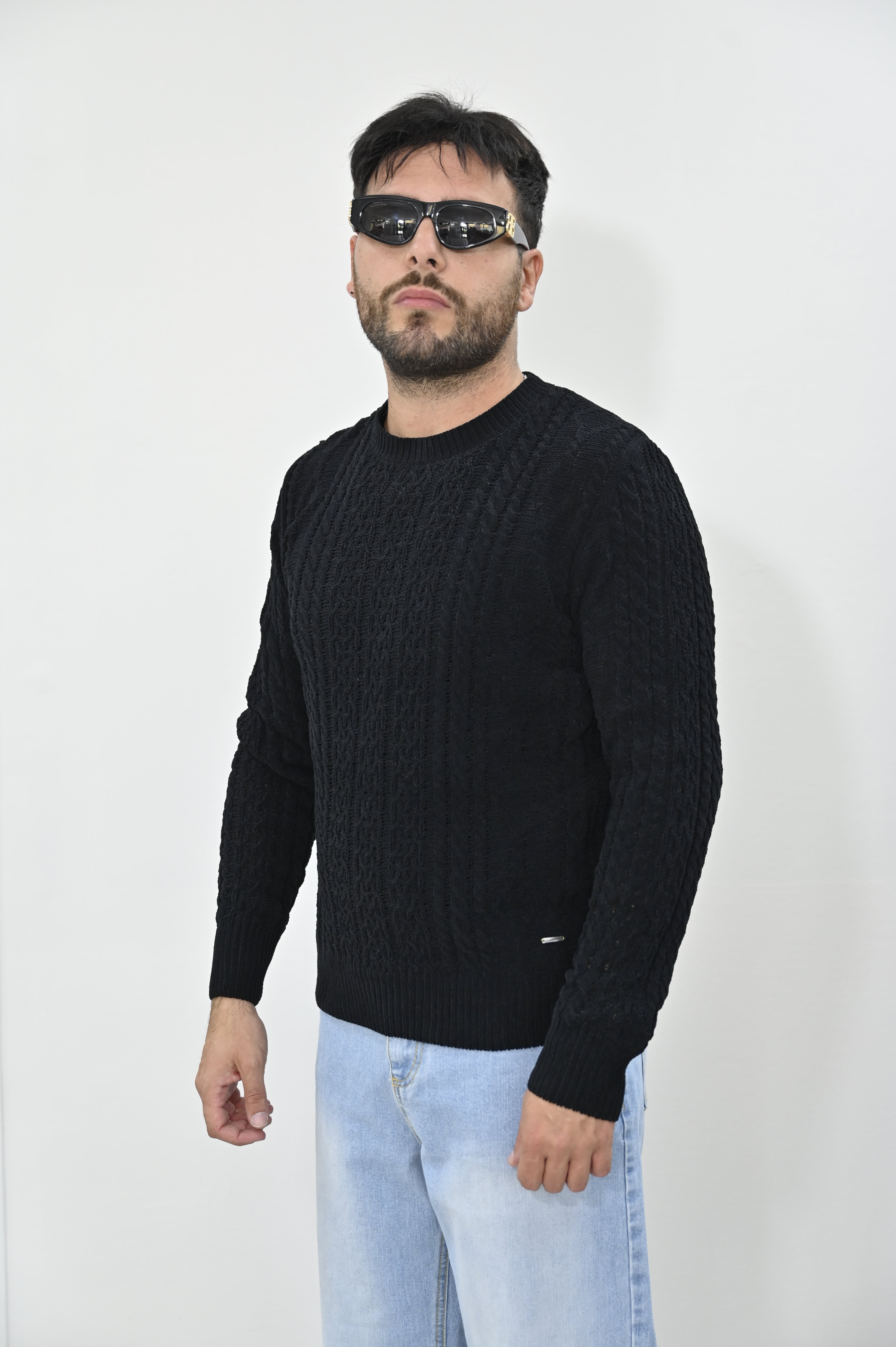 Maglione Gianni Lupo trecce ciniglia nero