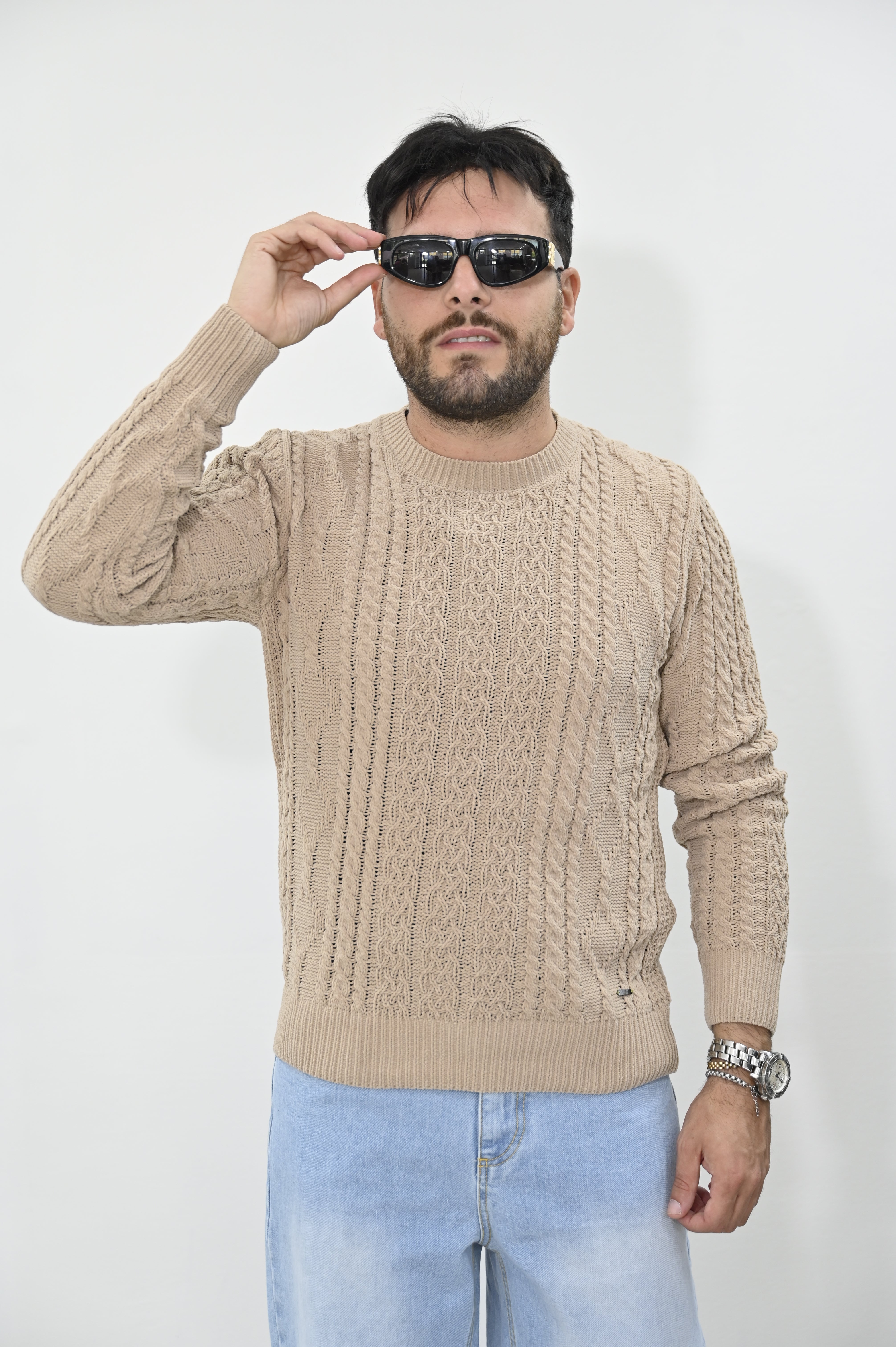 Maglione Gianni Lupo trecce ciniglia beige